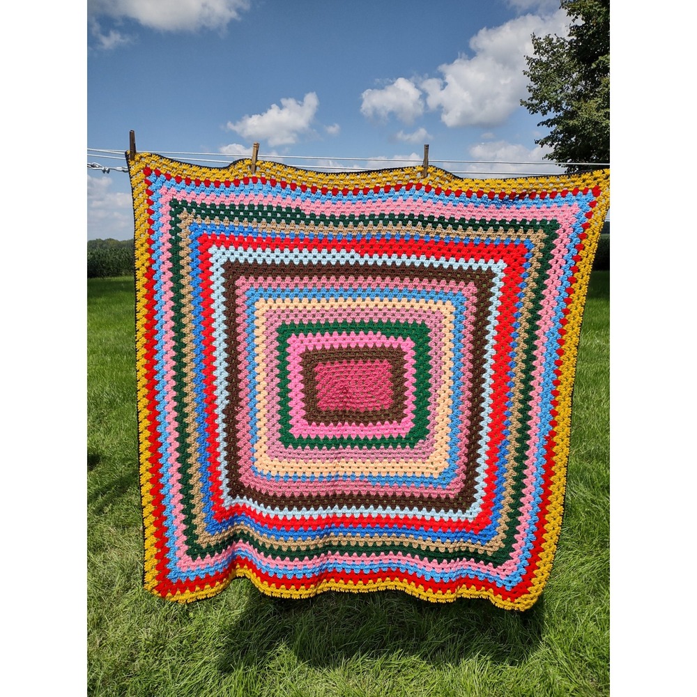 Handmade Crochet Granny Square Blanket 50x58 Multi Color Afghan Throw